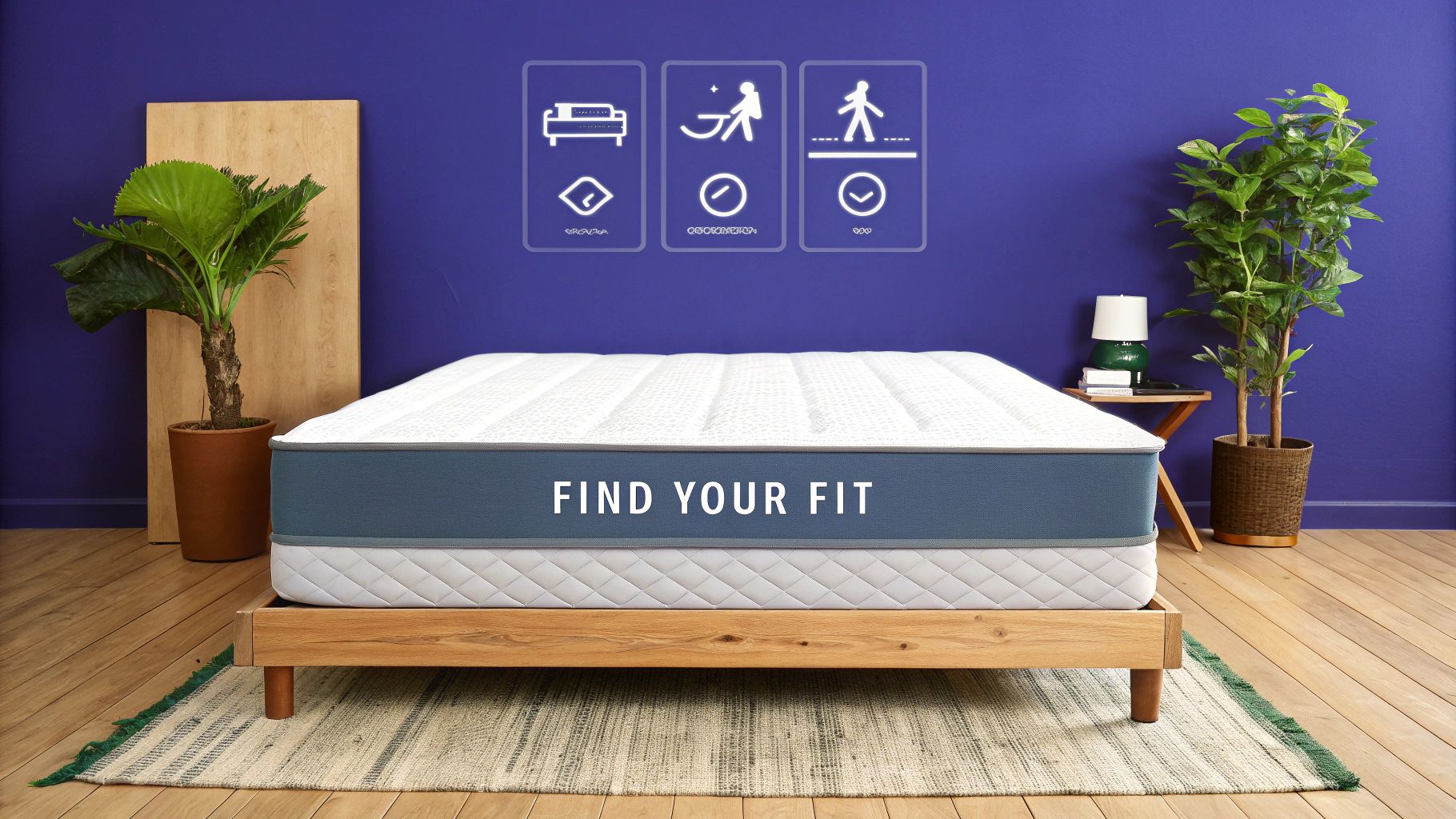 A white and blue mattress on a wooden bed frame in a modern bedroom with plants and icons.