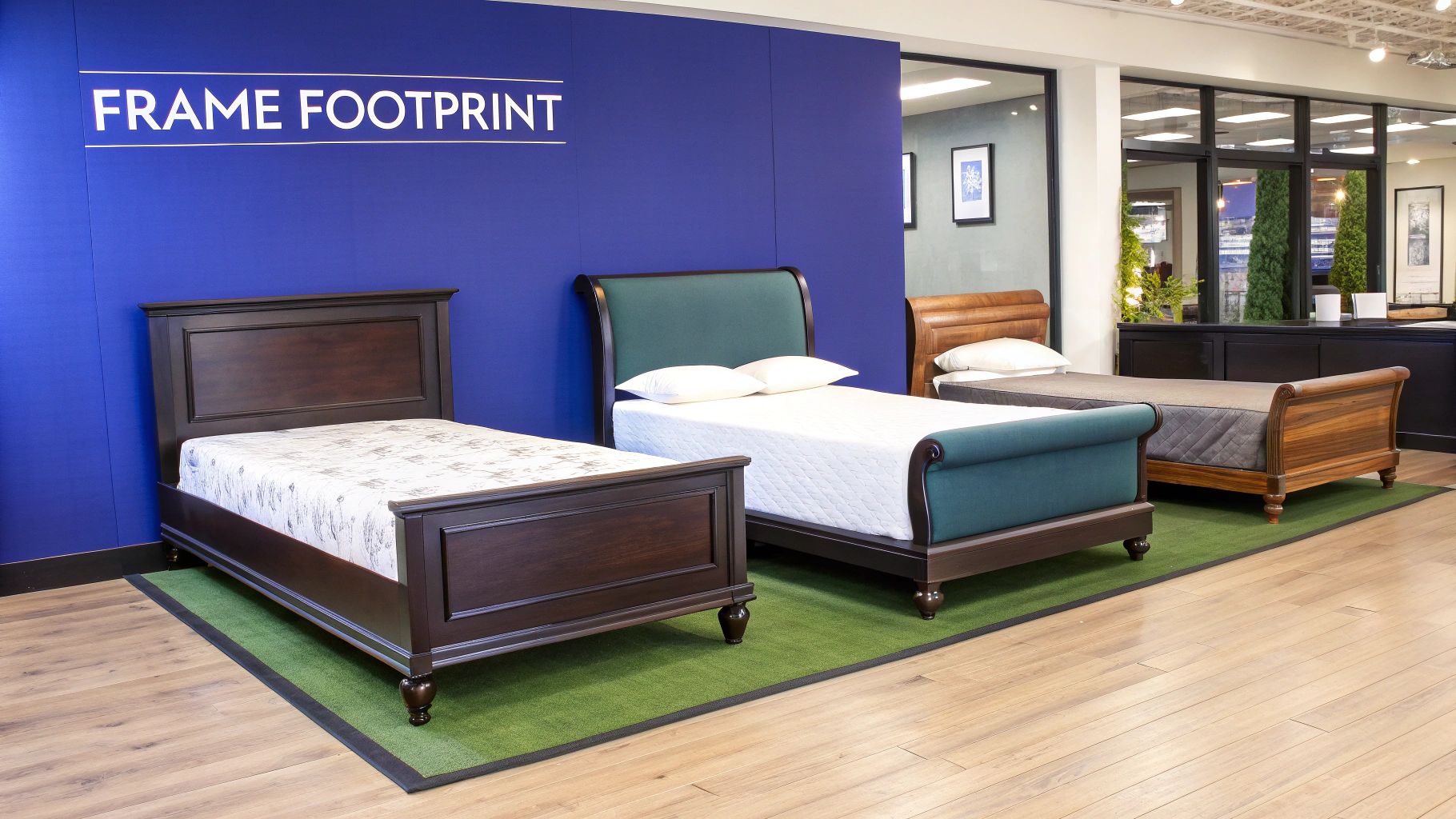 Three diverse bed frames, including dark wood, upholstered, and natural wood, displayed in a furniture showroom.