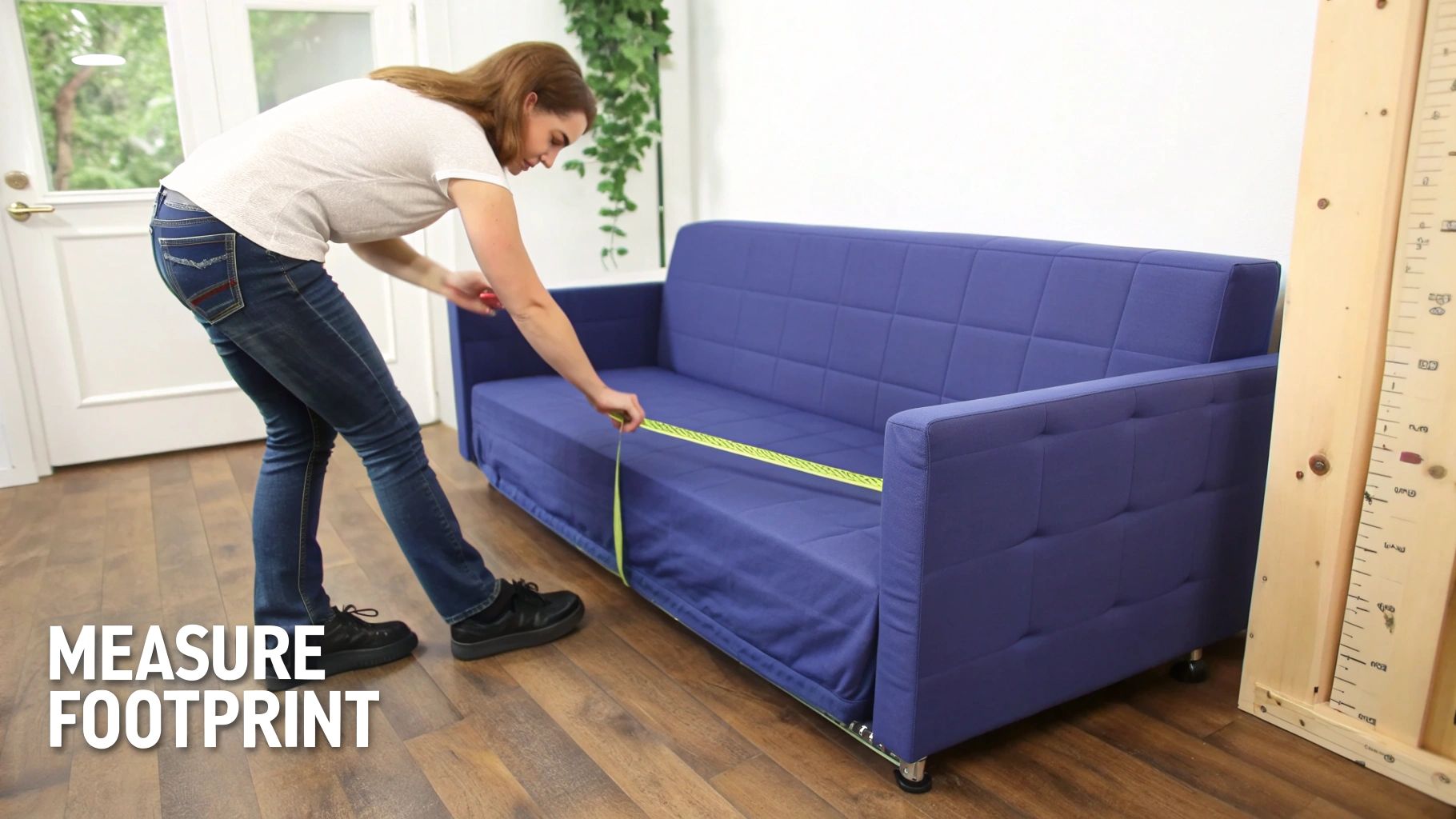 A tape measure on a wooden floor, representing the measurement process.