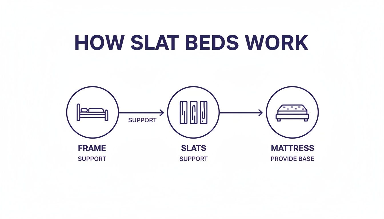 A diagram explaining how slat beds work, showing the frame supporting slats, which then support the mattress.