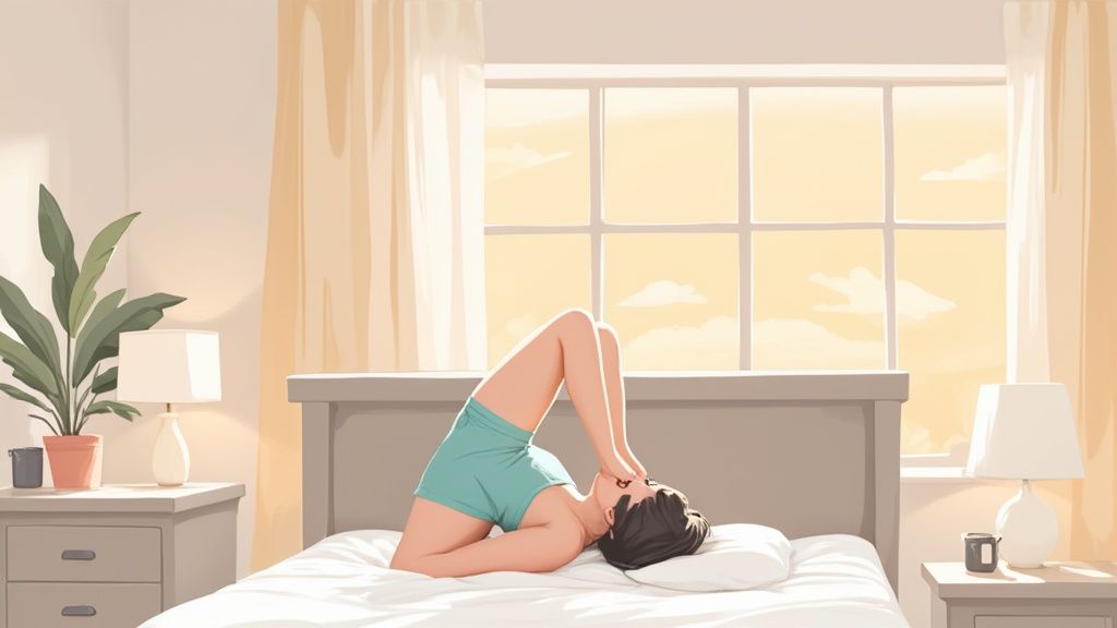 Person waking up refreshed in a comfortable bed, suggesting relief from back pain