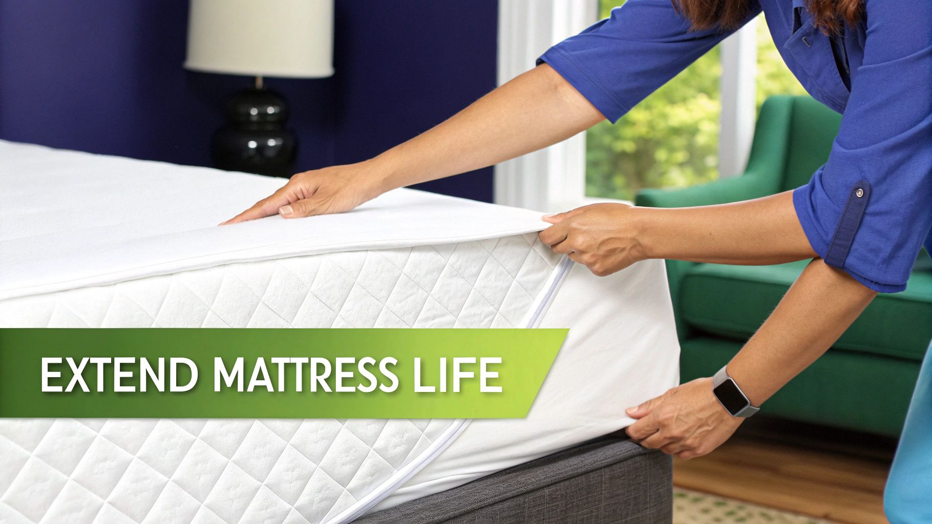 Woman placing white mattress protector cover on bed to extend mattress life and durability