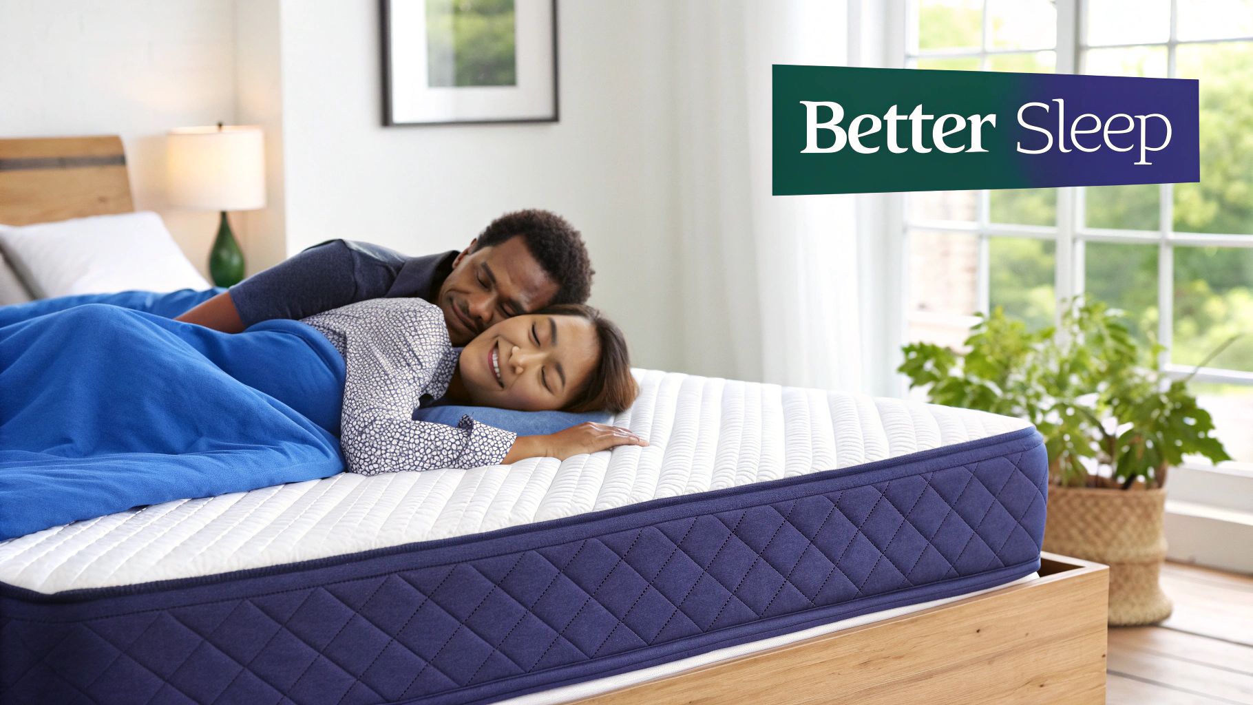 A happy multiracial couple peacefully sleeping on a comfortable, blue and white quilted mattress, promoting better sleep.