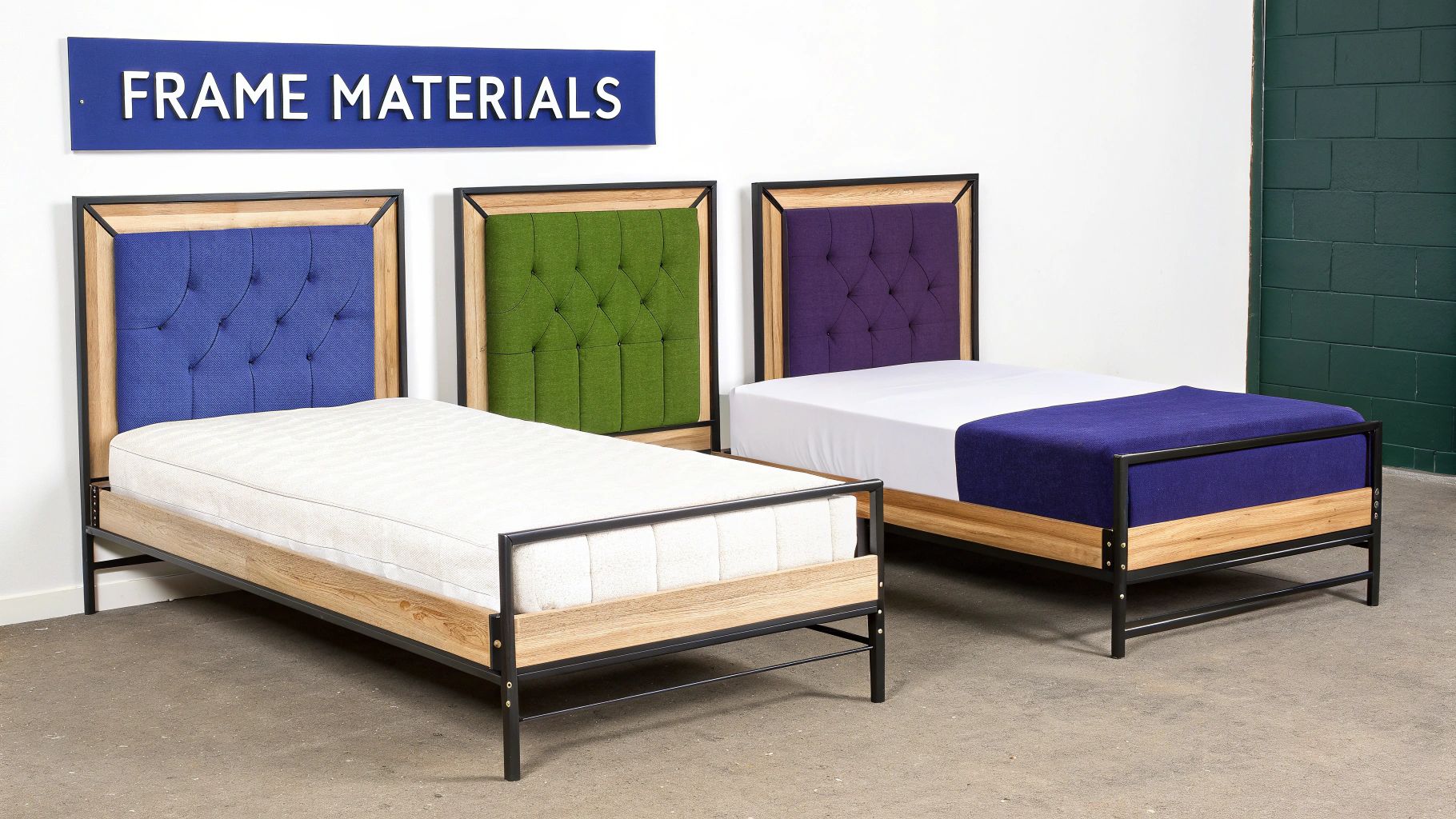 Three single bed frames displayed, featuring blue, green, and purple tufted headboards with wood accents.