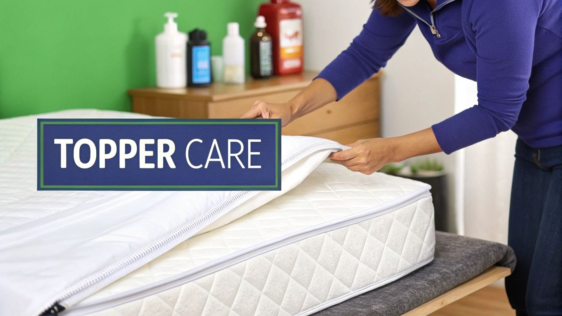 A person unzips a white mattress topper over a bed, with "TOPPER CARE" text overlay.