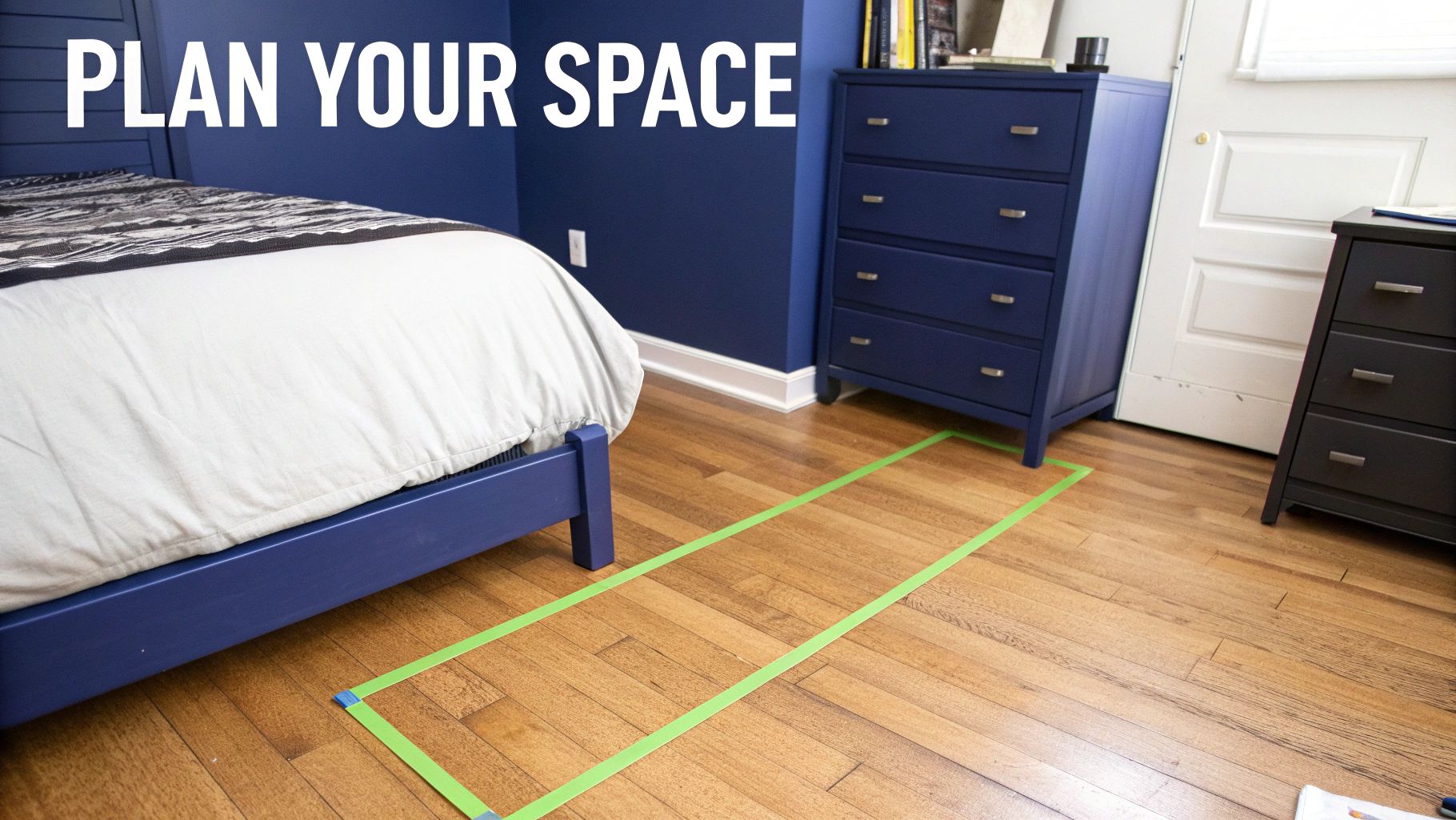 A bedroom with a blue bed and dresser. Green tape outlines a rectangular space on the wooden floor. Text reads 'PLAN YOUR SPACE'.