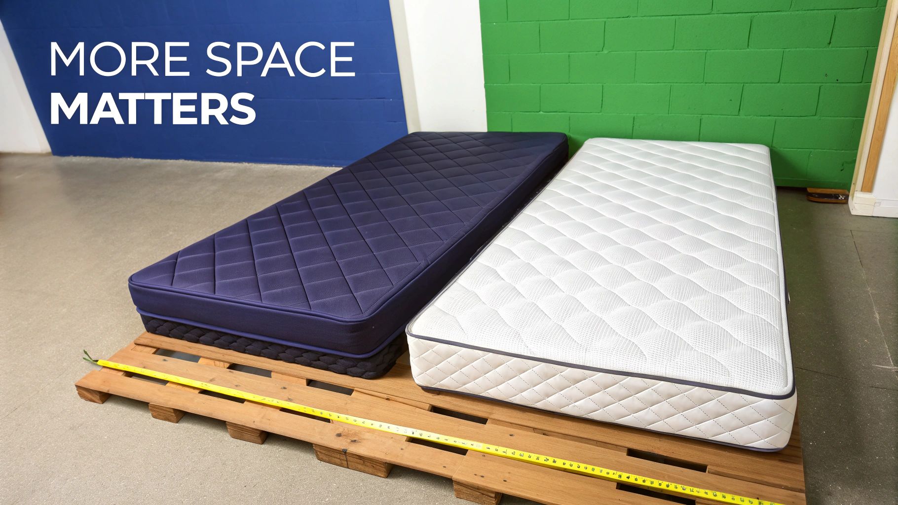 Two mattresses, one dark blue and one white, displayed on a wooden pallet with a tape measure, highlighting space.