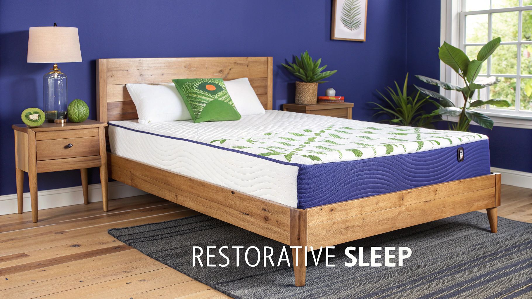 A person sleeping comfortably on a memory foam bed in a bright, modern bedroom.