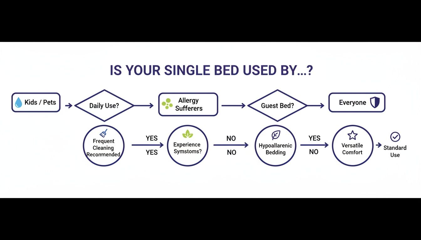 Flowchart guiding single bed users to choose the right mattress protector based on usage scenarios.