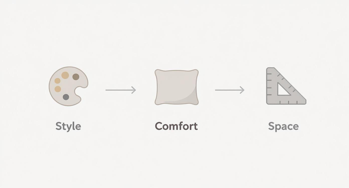 An infographic showing the progression from style (palette) to comfort (pillow) to space (ruler).