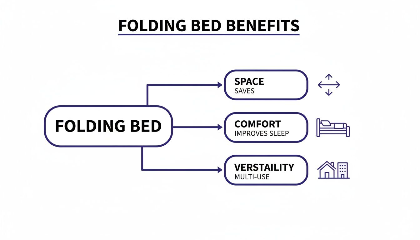 A diagram titled 'Folding Bed Benefits' illustrates advantages like space saving, comfort, and versatility.