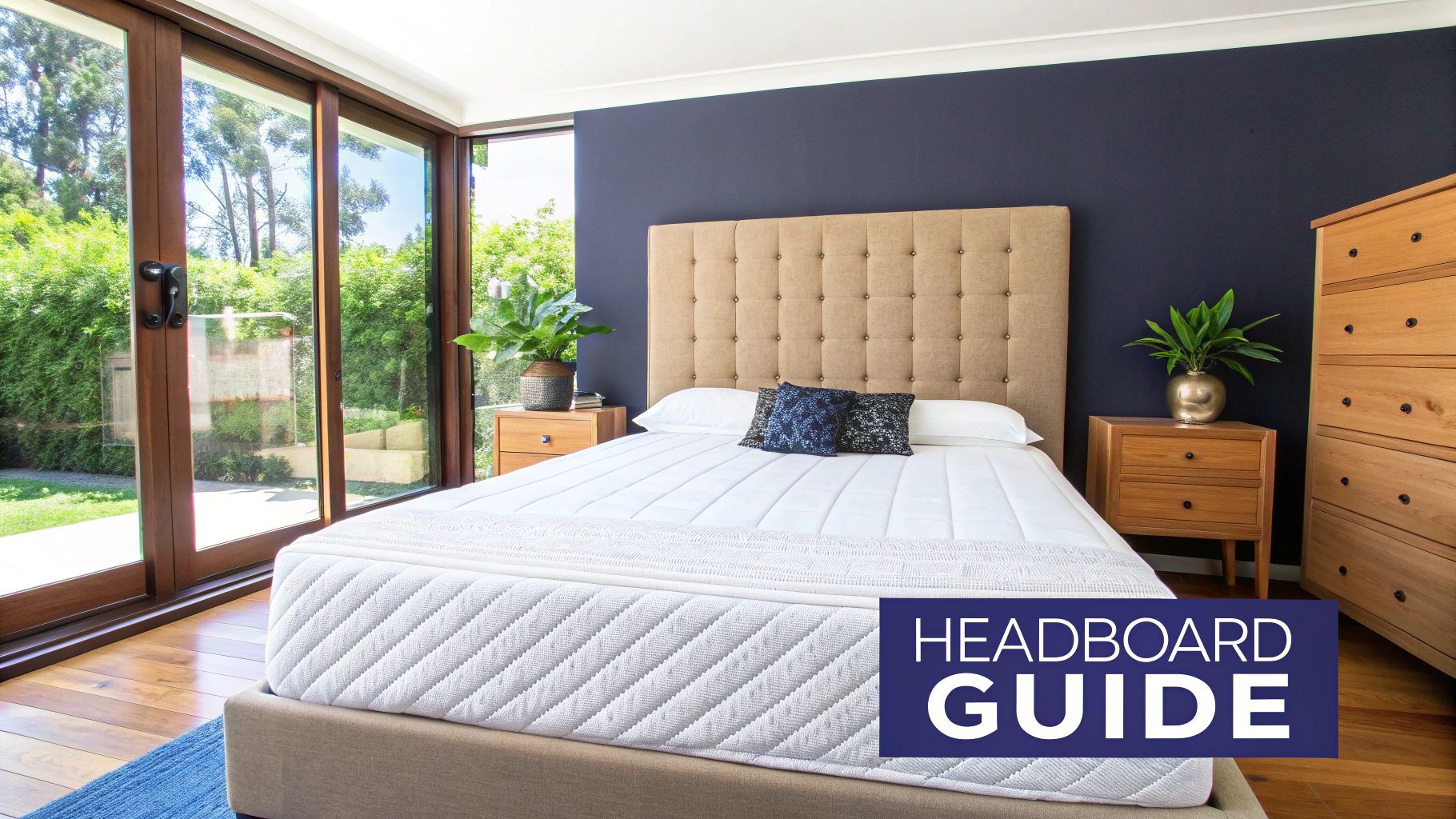 A stylish bedroom features a queen bed with a beige tufted headboard, surrounded by plants and a garden view.