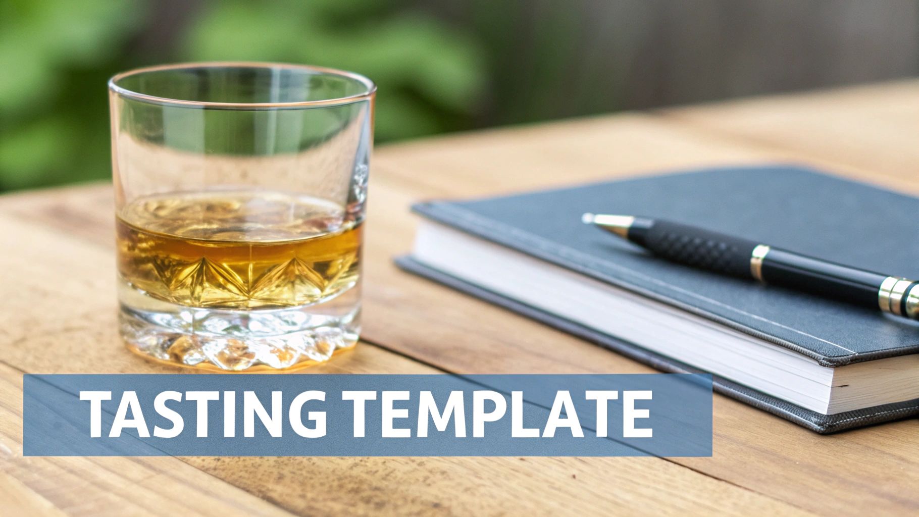 A person writing whiskey tasting notes in a notebook with glasses of whiskey nearby