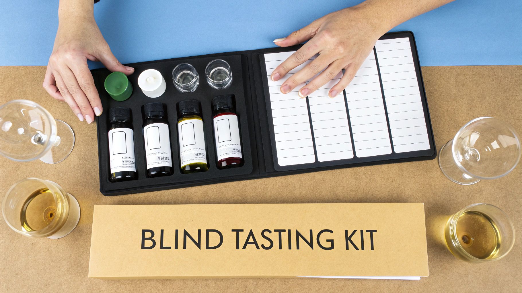 A person's hands engage with a blind tasting kit featuring small bottles, glasses, and a notepad.