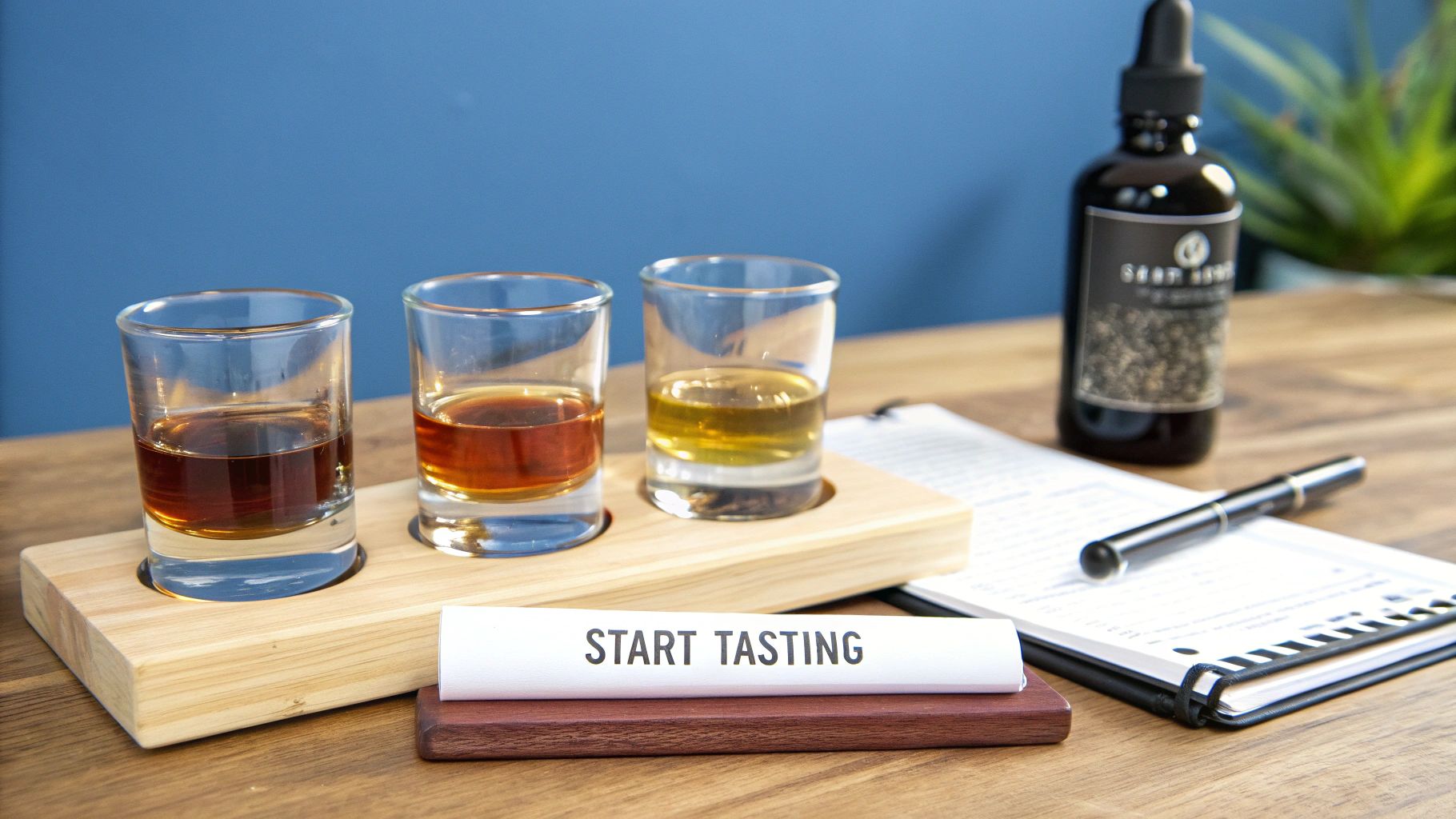 A person pouring bourbon into a tasting glass with other glasses in the background.