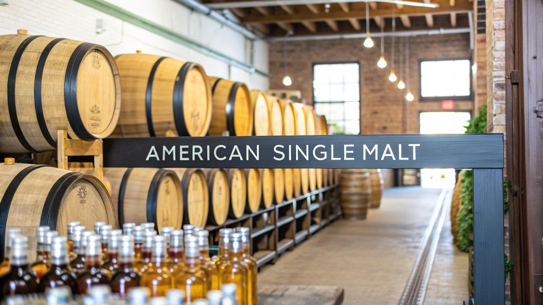 A glass of American whiskey sits on a barrel in a rustic distillery setting.