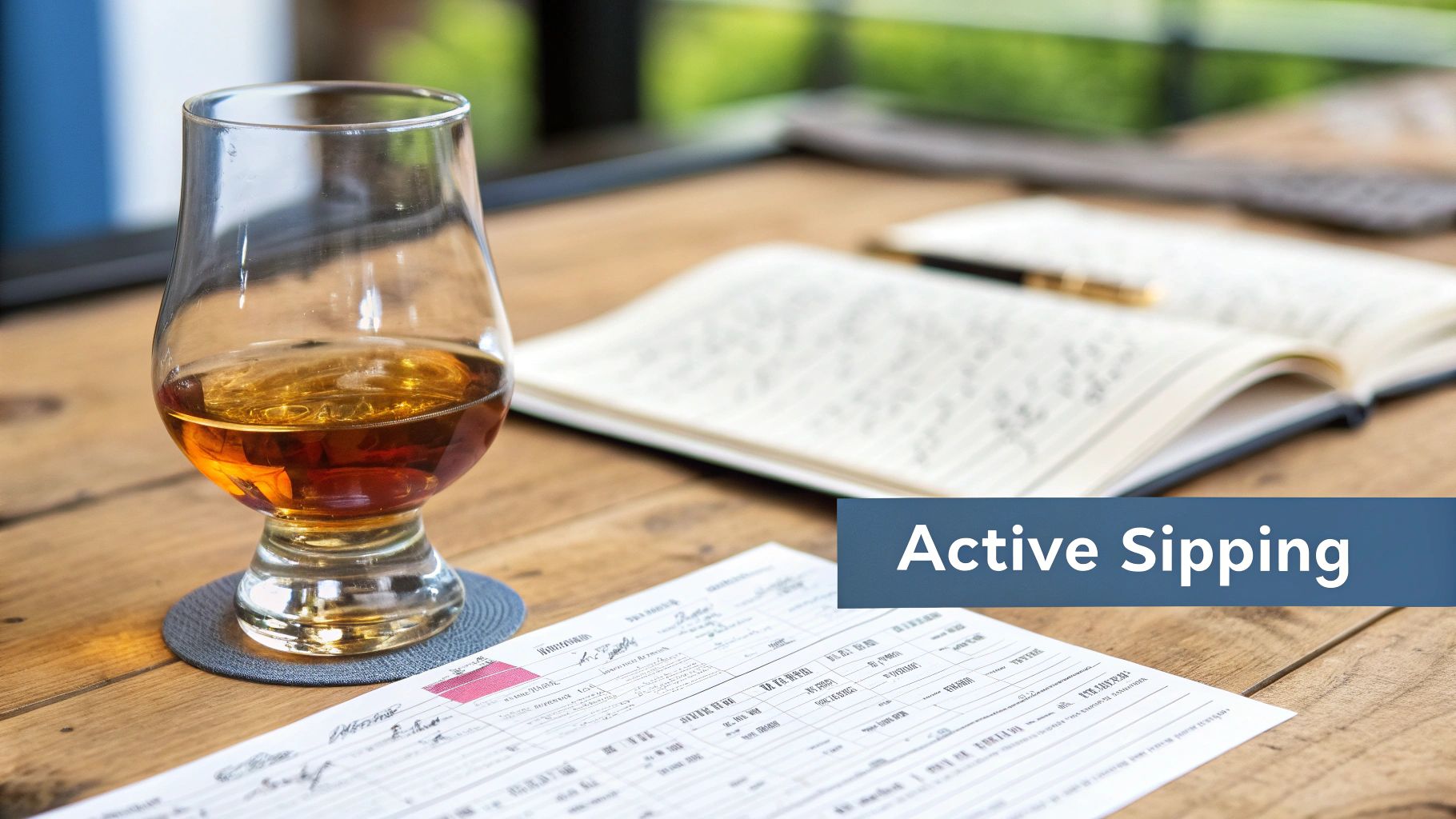 A person writing bourbon tasting notes in a notebook with several glasses of bourbon nearby.
