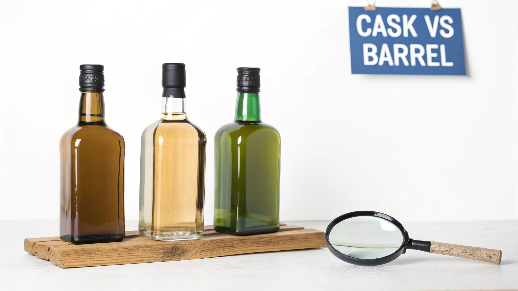 Three spirit bottles, a magnifying glass, and a 'CASK VS BARREL' sign on a white table.