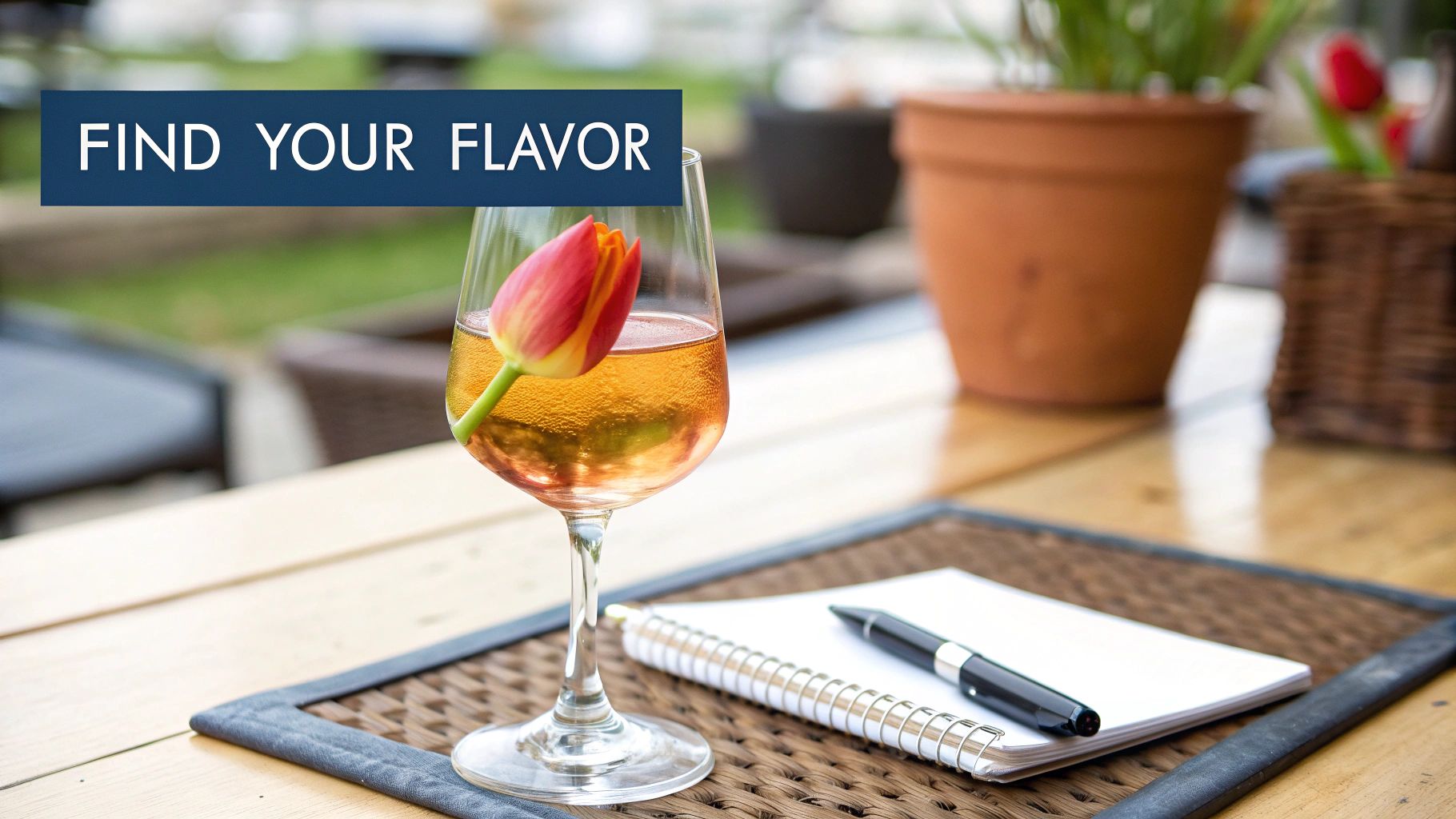 A refreshing drink with a tulip flower on an outdoor table, next to a notepad and pen.
