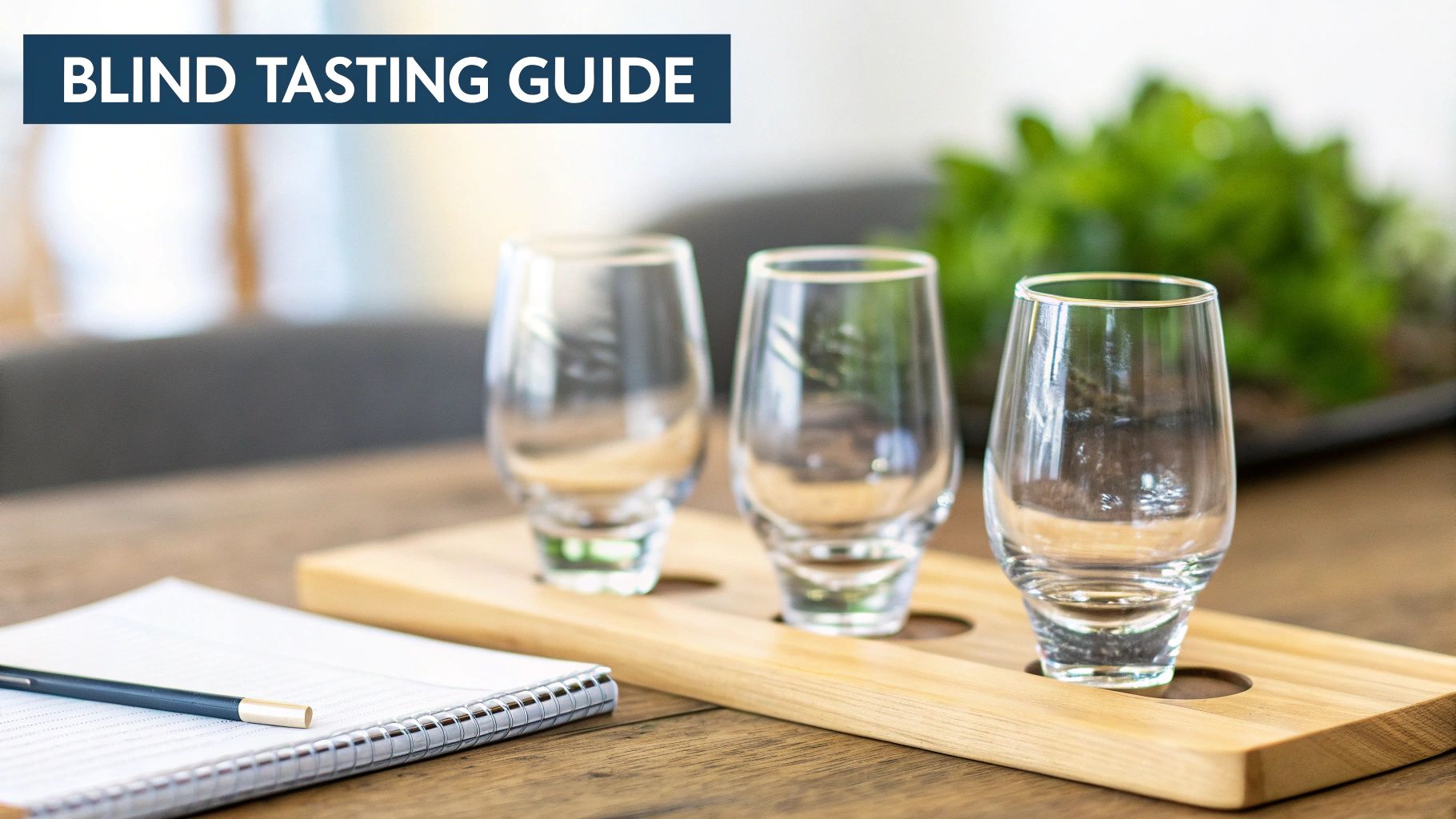 Three empty tasting glasses on a wooden tray, with a notebook and pencil for blind tasting.