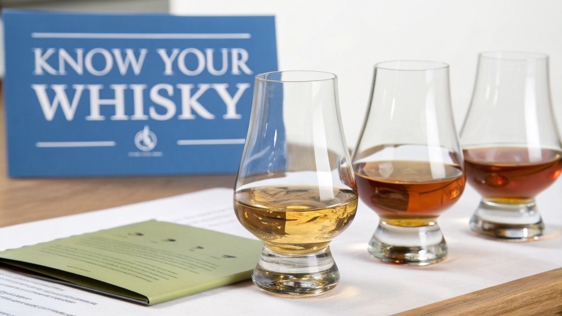 A close-up of a whisky glass with several food items blurred in the background, symbolizing flavor profiles.
