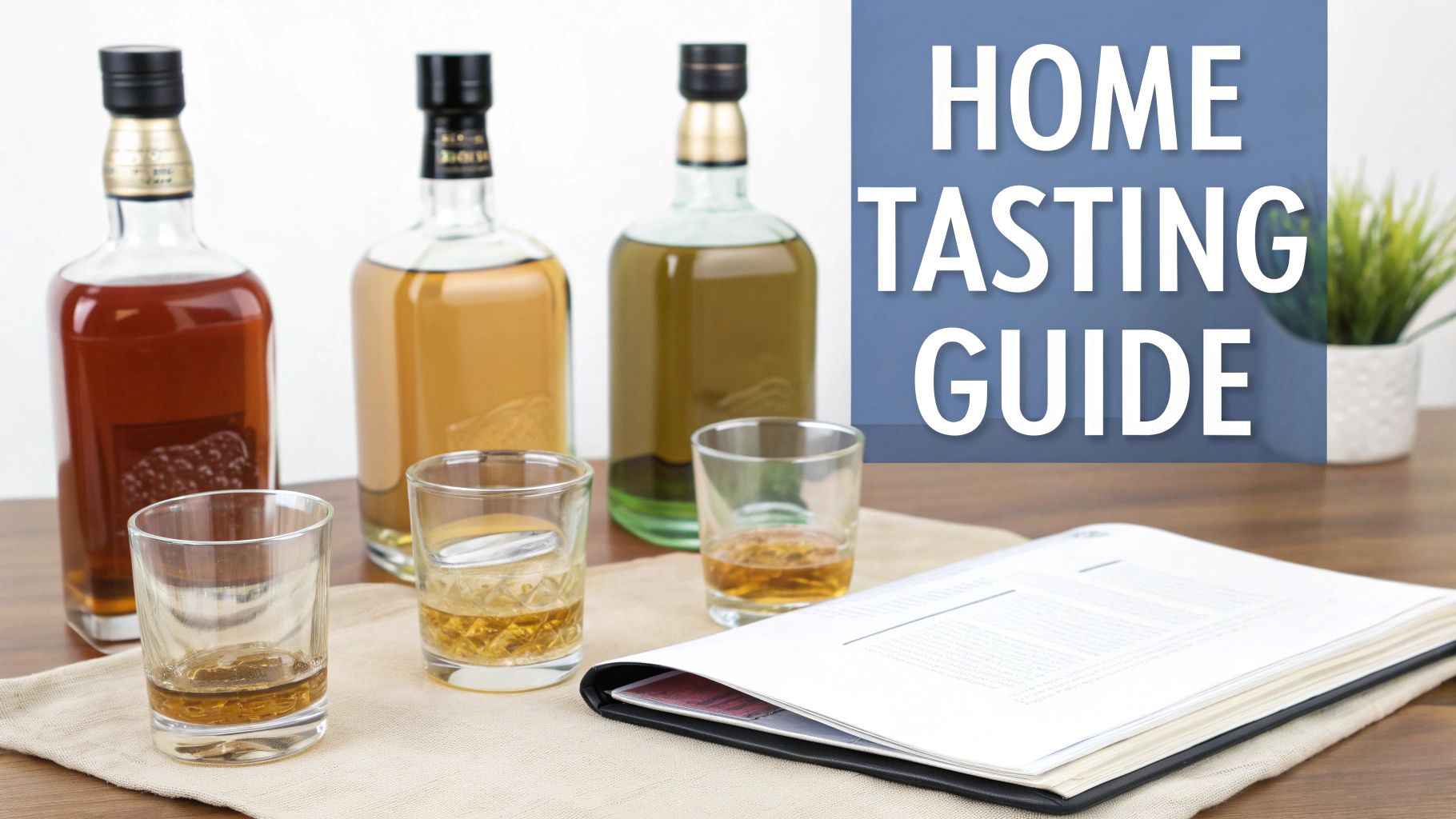 Three bottles of spirits and glasses for a home tasting, with a guide document.