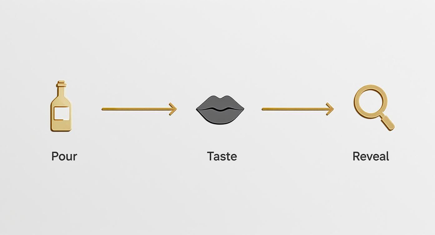 Three step process diagram showing pour, taste, and reveal icons for liquor subscription experience