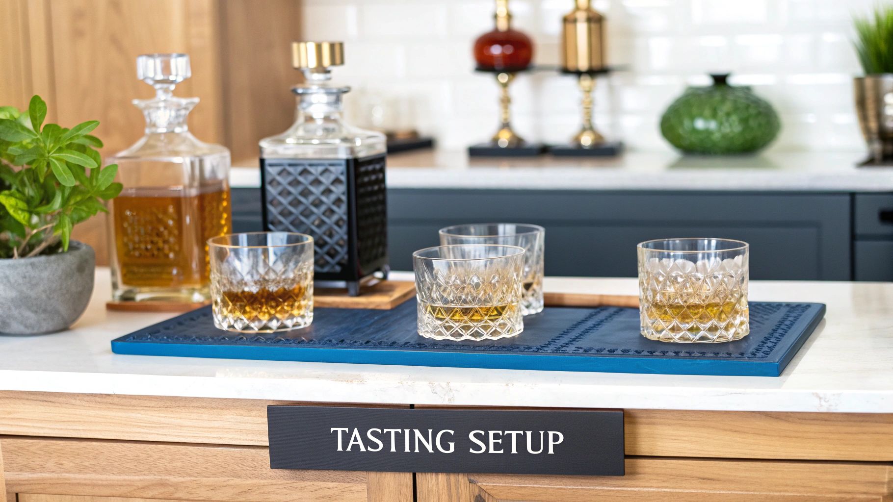 Friends enjoying an at home whiskey tasting with a variety of whiskeys and notes.