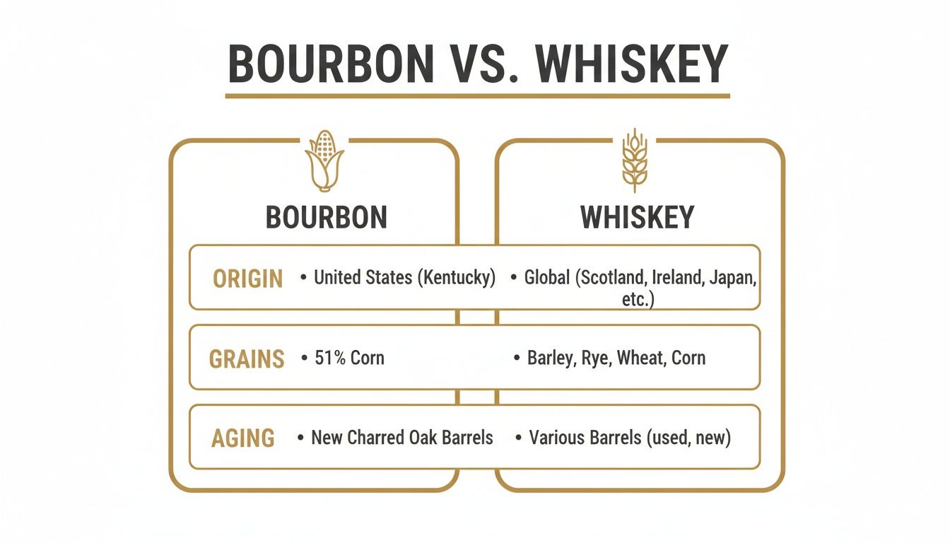 A detailed comparison chart showing the differences between Bourbon and Whiskey in terms of origin, grains, and aging.