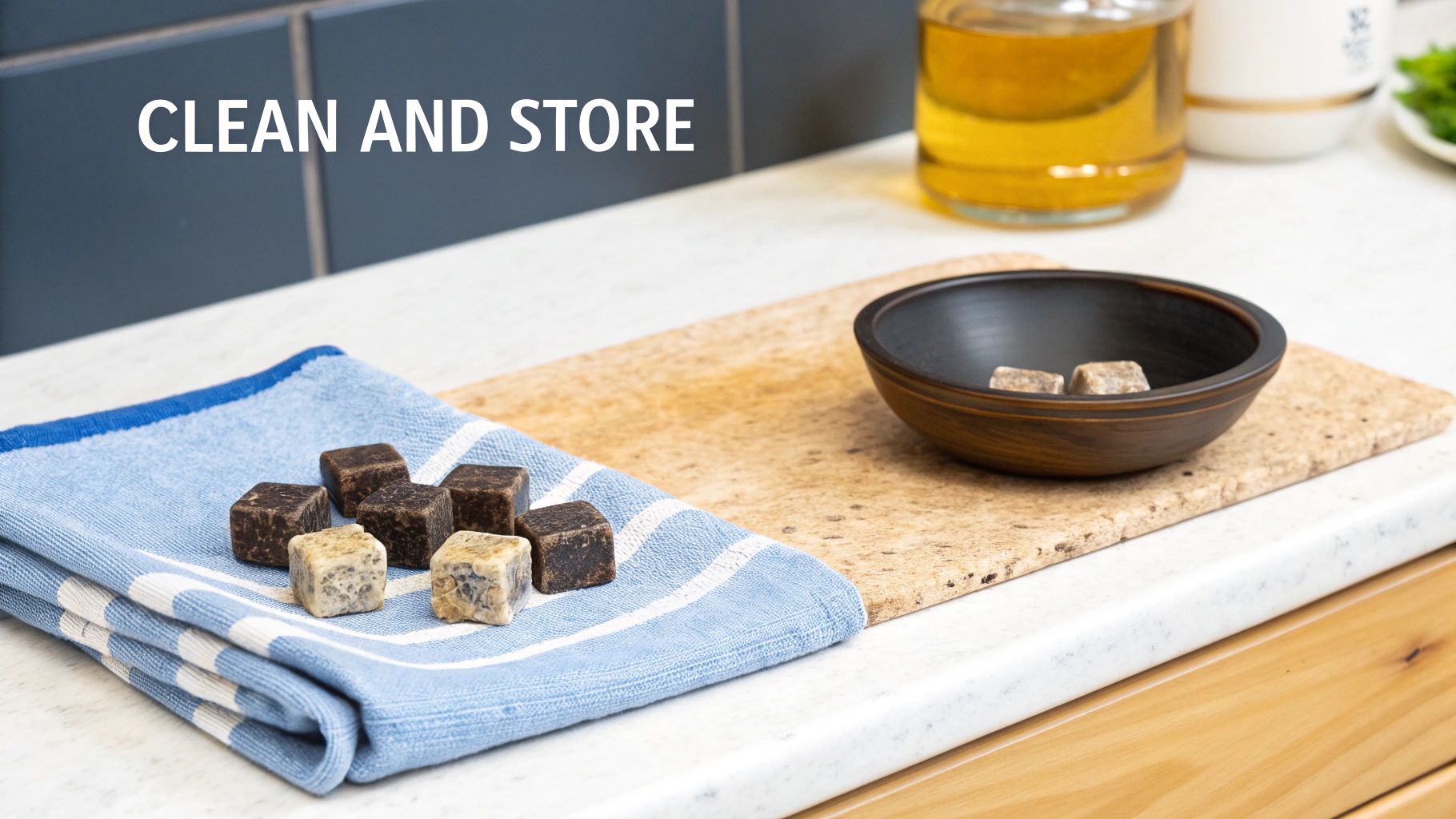 Assortment of dark and light whiskey stones on a blue towel and in a bowl on a kitchen counter, ready to clean and store.