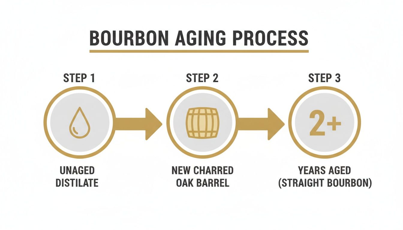 Infographic illustrating the three-step bourbon aging process from unaged distillate to straight bourbon.
