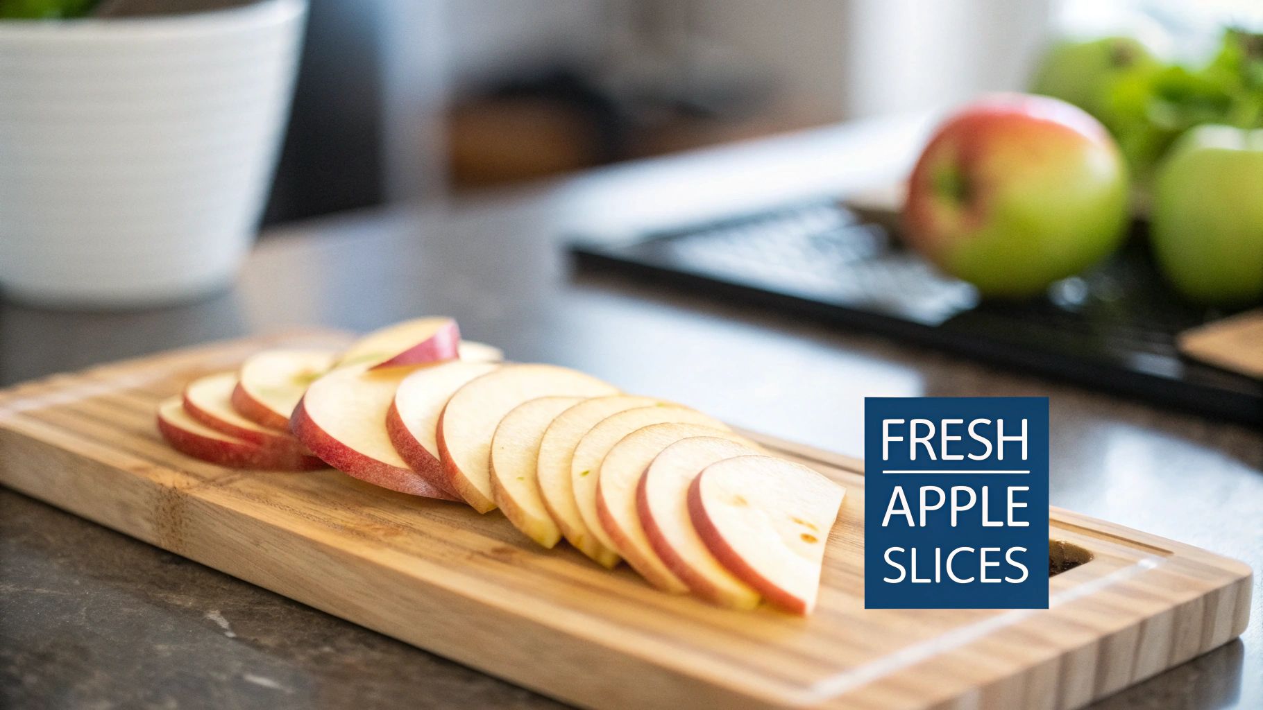 Freshly sliced red apples arranged on a wooden cutting board, with whole apples in the background.