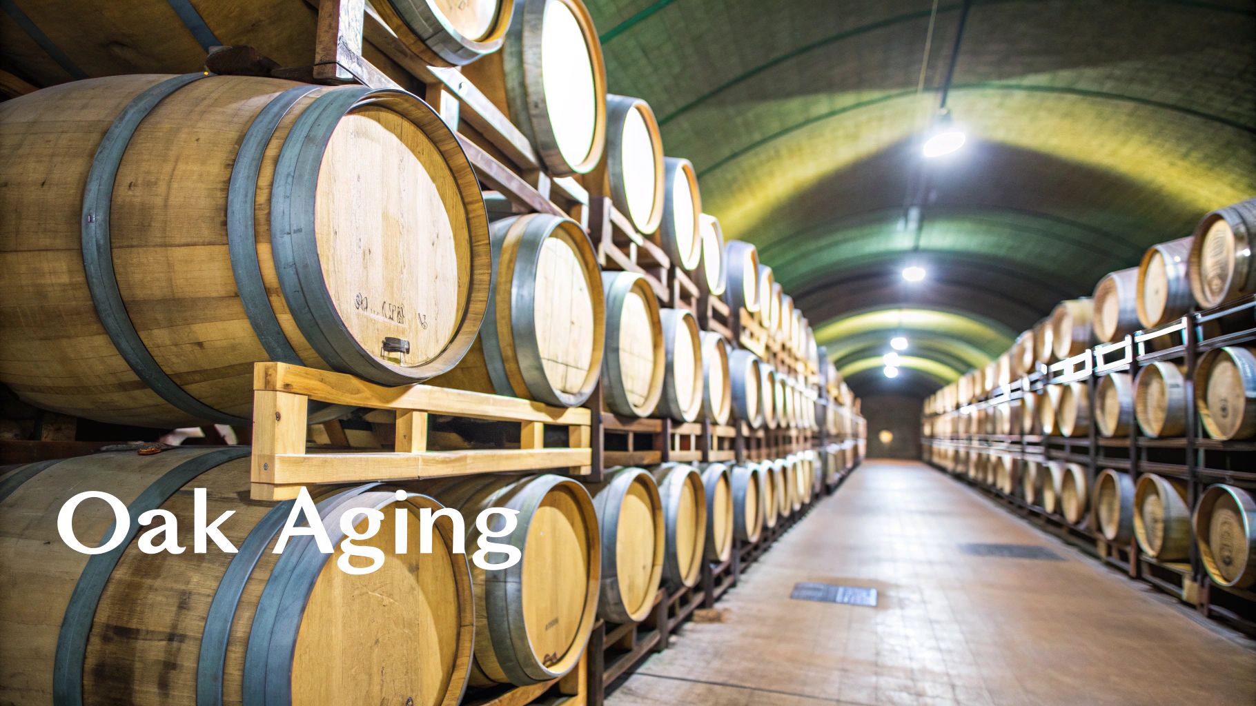 Whiskey barrels aging in a dark warehouse, showing the importance of oak maturation