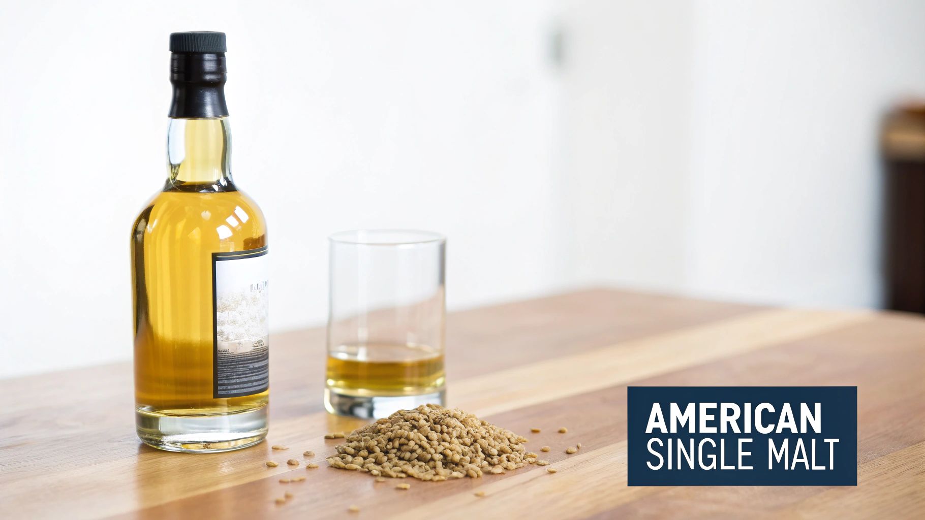 A bottle of American single malt whiskey, a glass, and malted barley on a wooden table.