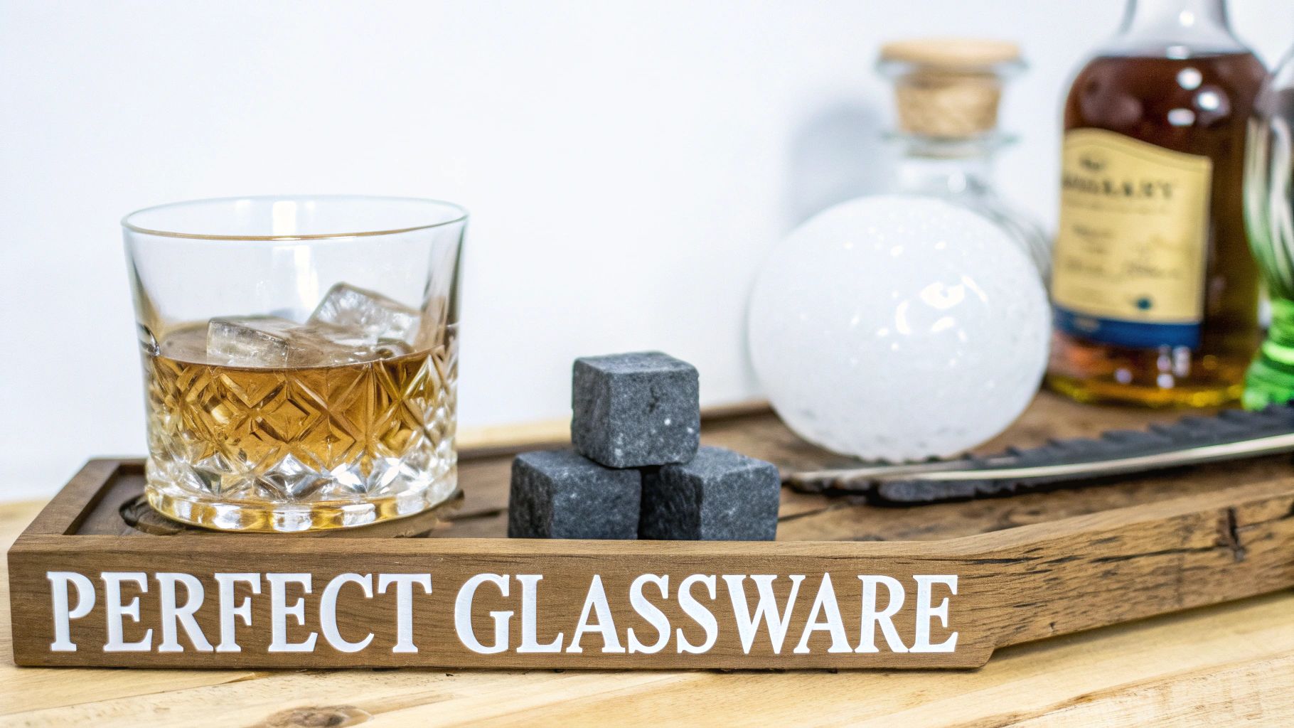 A collection of whiskey glasses, including a Glencairn, sits on a wooden surface.
