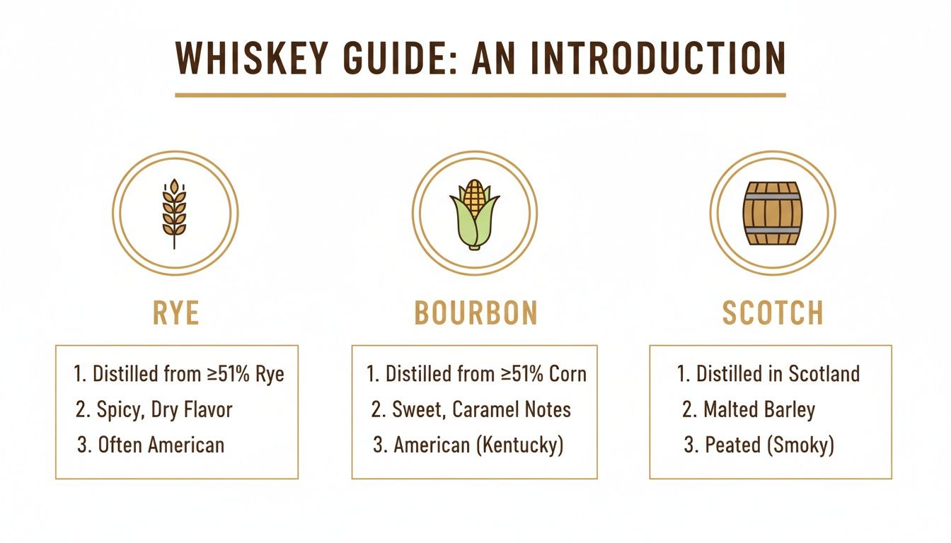 A whiskey guide introducing and comparing Rye, Bourbon, and Scotch with their key characteristics.