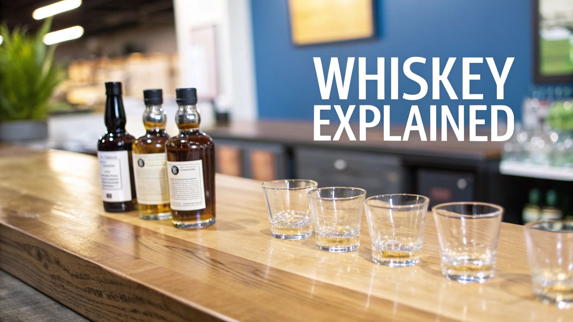 Three glasses of whiskey, bourbon, and rye arranged for a tasting