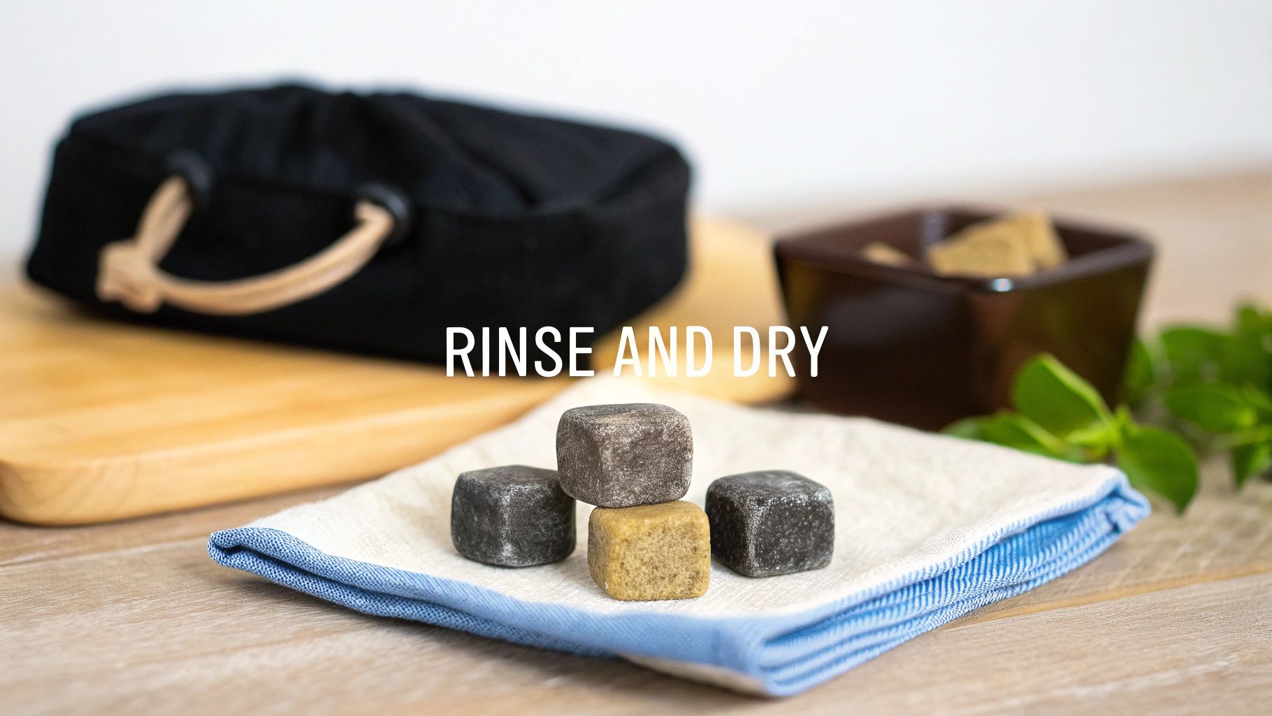 Four whiskey stones stacked on a white cloth, ready to be rinsed and dried after use.