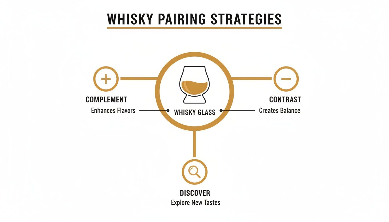 Infographic showing three whisky pairing strategies: Complement, Contrast, and Discover, around a whisky glass.