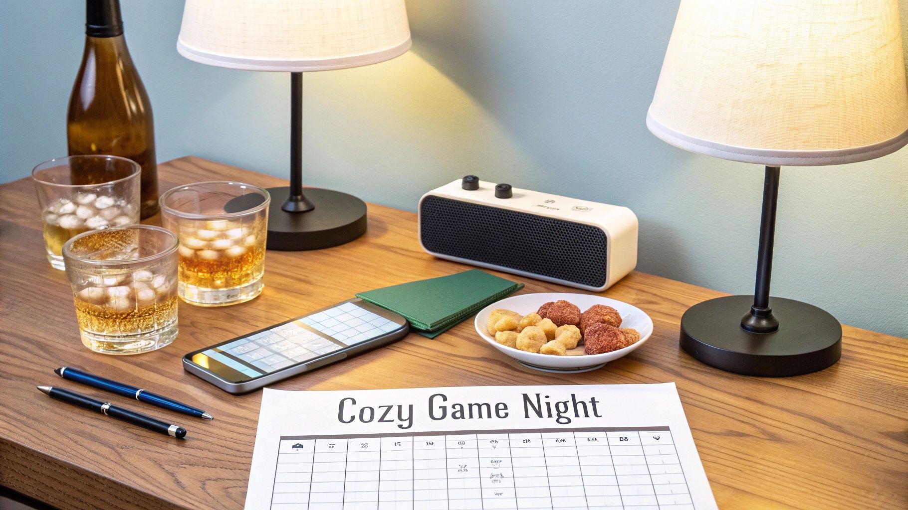 A cozy game night setup on a wooden table with drinks, snacks, lamps, and a speaker.