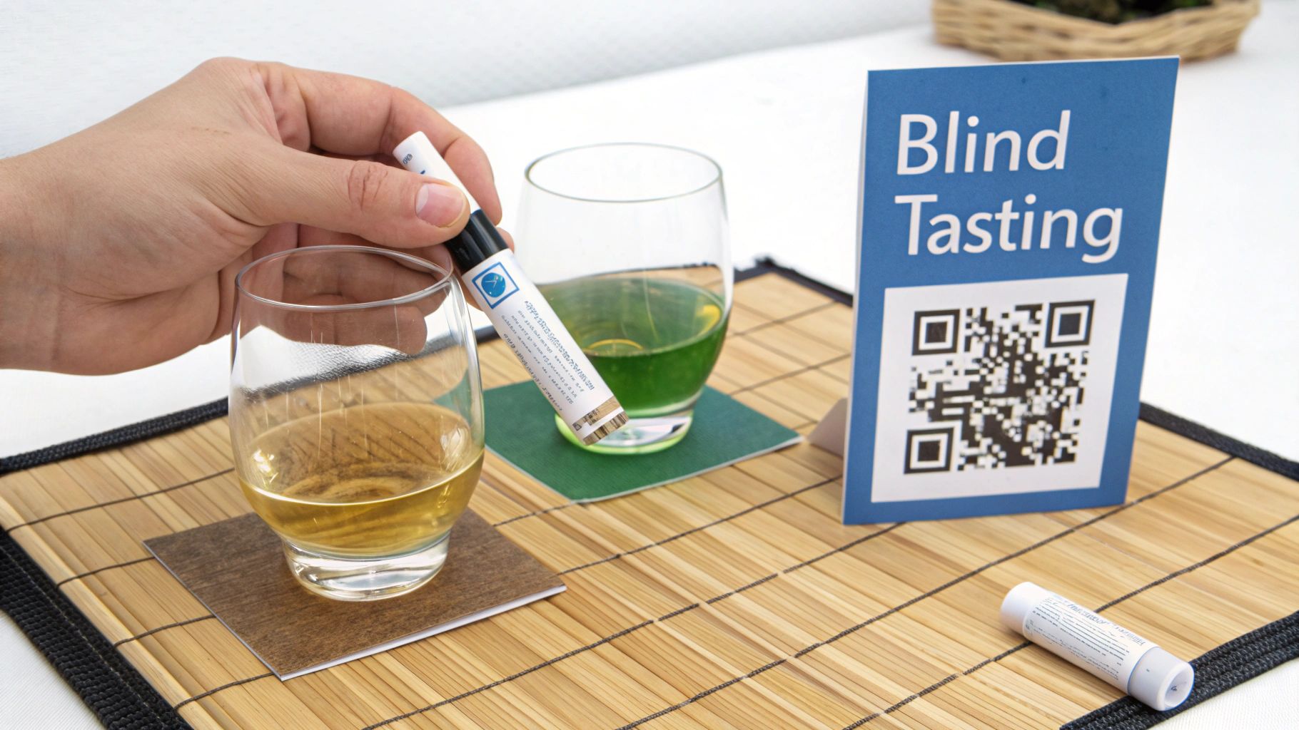A hand holds a device over a glass of amber liquid during a blind tasting, with a green drink and QR code sign.