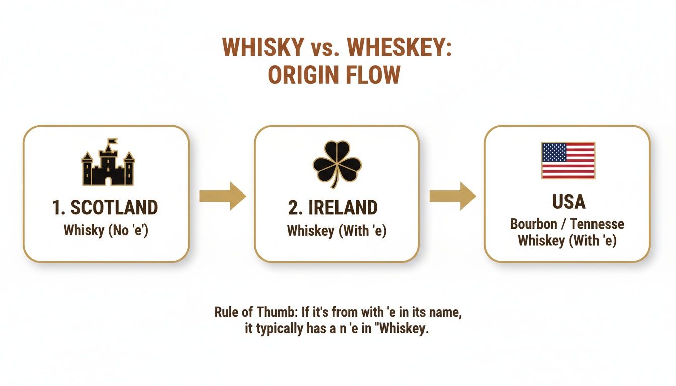 Diagram showing the origin flow of Whisky vs. Whiskey from Scotland, Ireland, and USA.