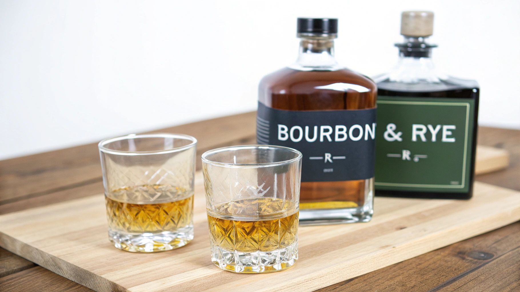 Two glasses of whiskey, one bourbon and one rye, side by side on a rustic wooden table.