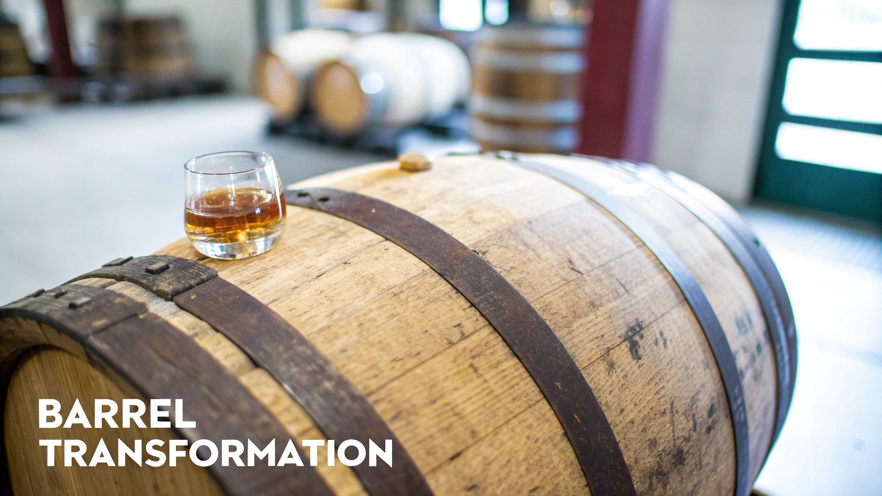 A close-up of a whiskey aging barrel on its side, showing the wood grain and metal hoops.