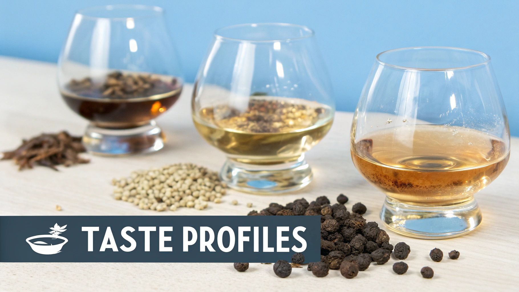 Three glasses of spirits with spices like peppercorns, illustrating diverse taste profiles.