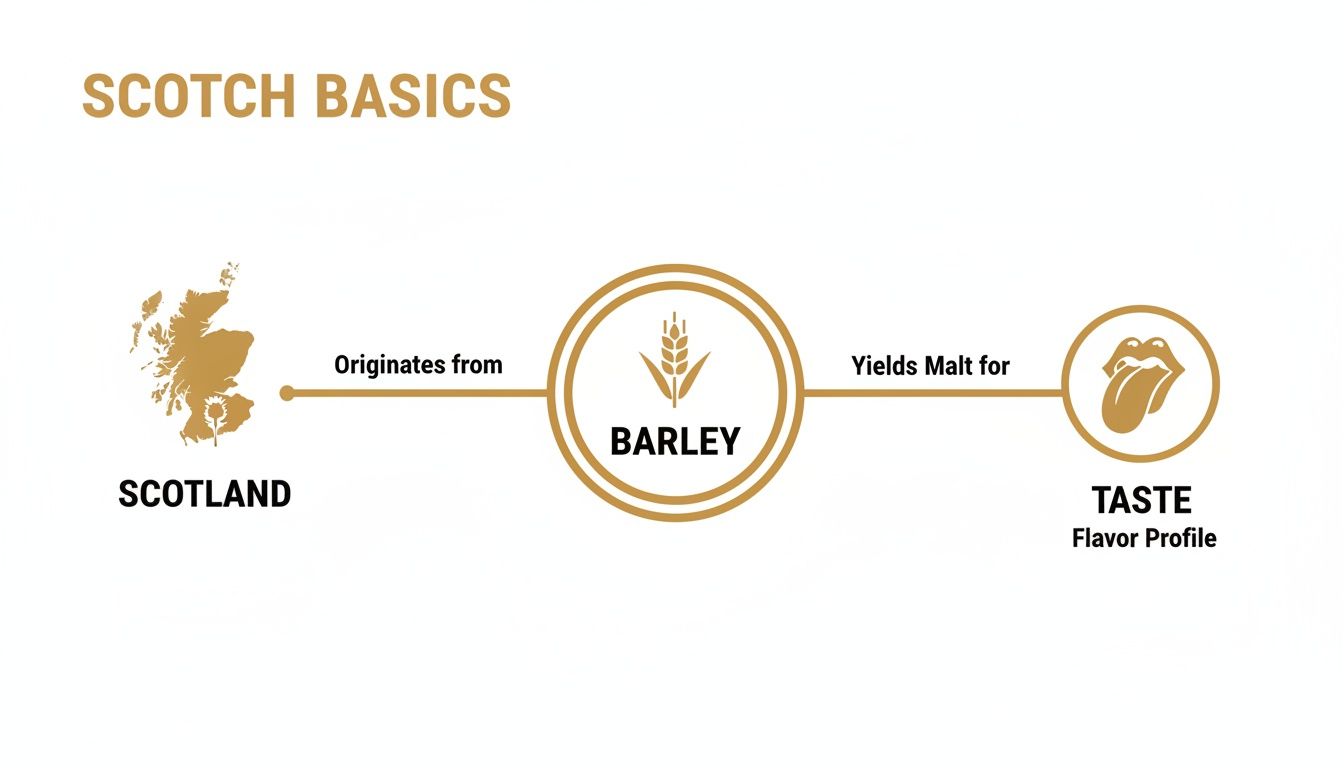 A diagram illustrating Scotch whisky basics, showing it originates from Scotland, uses barley, and influences taste.