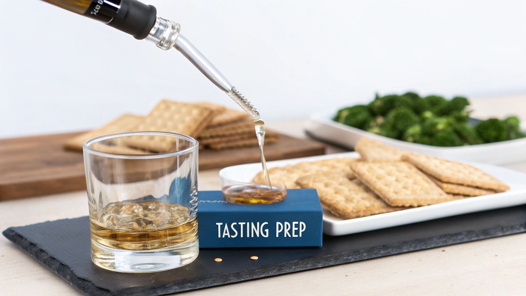 A close-up shot of whisky being poured into a Glencairn glass, with a water dropper and crackers nearby.