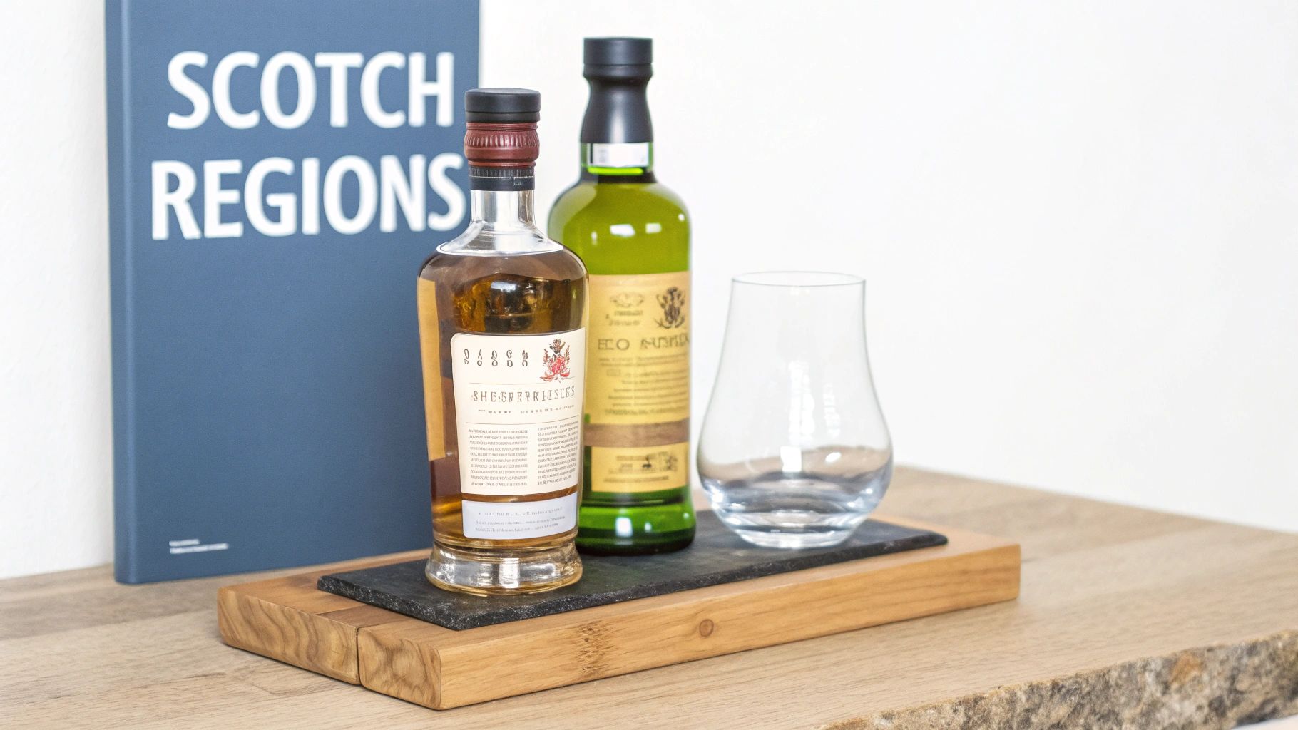 A glass of Scotch whisky with a scenic Scottish landscape in the background.