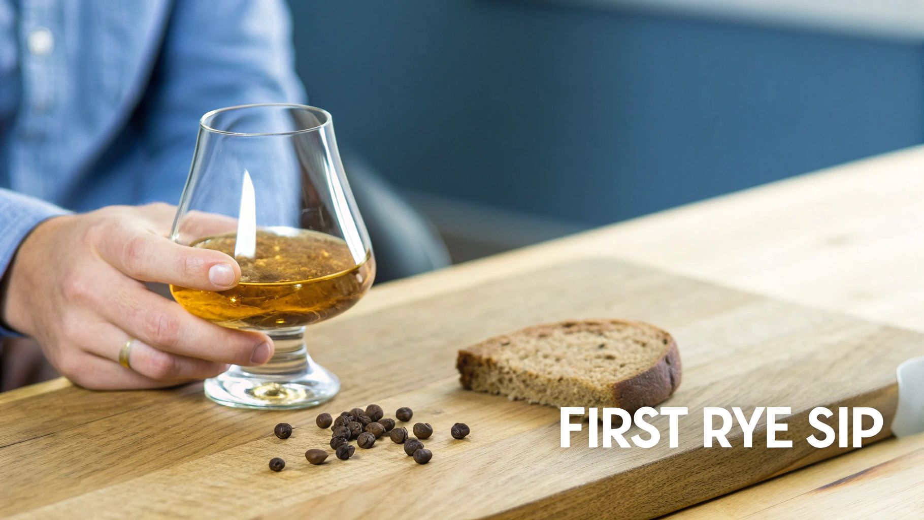 A hand holds a glass of amber rye whiskey next to a slice of rye bread and peppercorns on a wooden board.