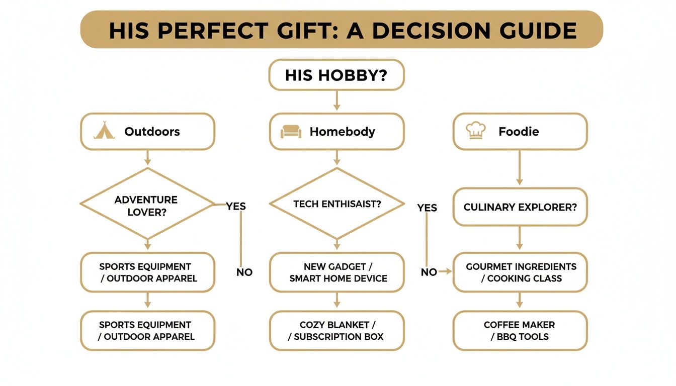 A decision guide flowchart titled 'His Perfect Gift' helps choose presents based on hobbies like outdoors, homebody, and foodie.